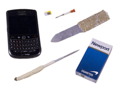 Prison Contraband cell phone, SIM card, screwdriver tool, shank/shiv, cigarettes